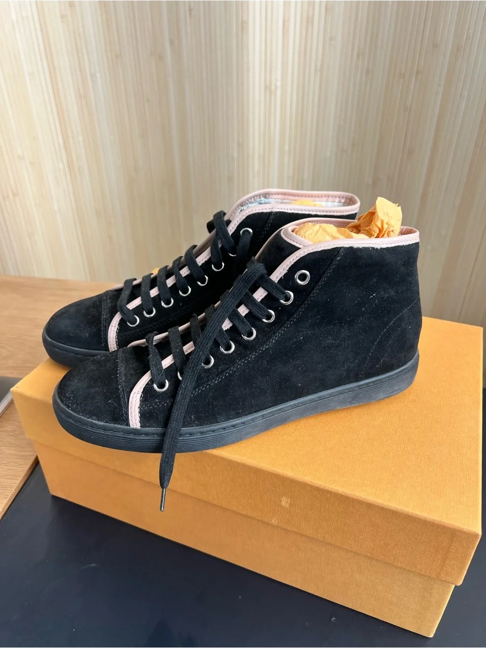 Tod's Black Suede High-Top Sneakers with Light Pink Trim